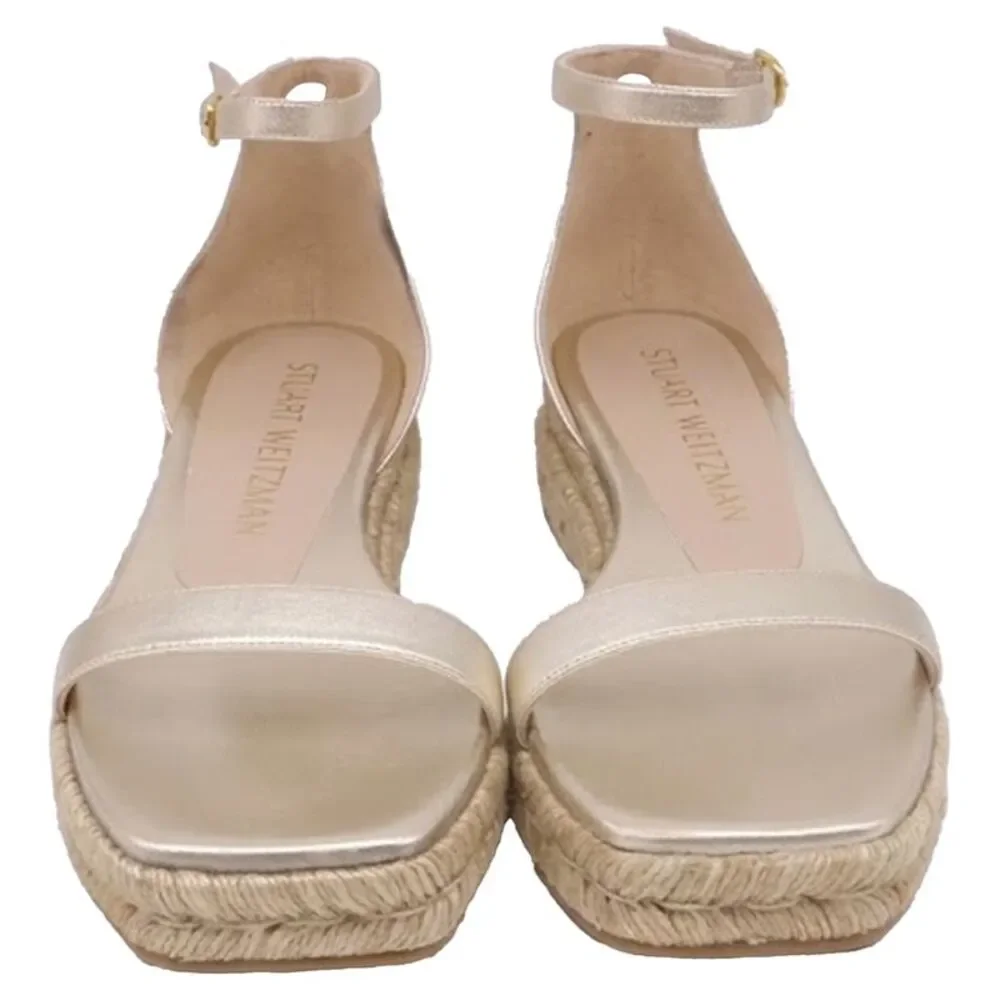 Stuart Weitzman Nudistcurve Espadrille Flat Sandals in Metallic Gold Leather